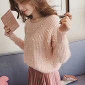 HIT Μοντέρνο γυναικείο πουλόβερ κυρίες με διακοσμητικά μαργαριτάρια σε ροζ χρώμα