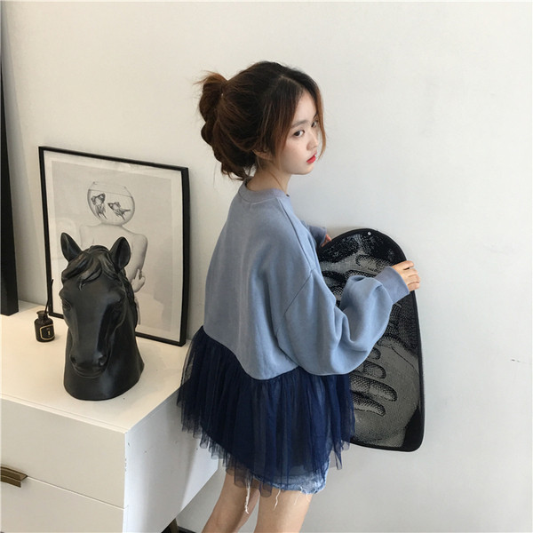 Καθημερινό γυναικείο πουκάμισο με τούλι σε μπλε και ροζ χρώμα