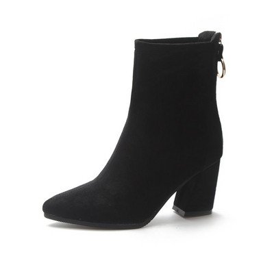 Модерни дамски боти с дебел ток от еко велур в два цвята