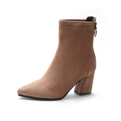 Модерни дамски боти с дебел ток от еко велур в два цвята