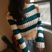 Bluză de damă scurtă modernă cu mâneci lungi în dungi - patru culori