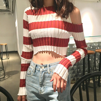 Bluză de damă scurtă modernă cu mâneci lungi în dungi - patru culori