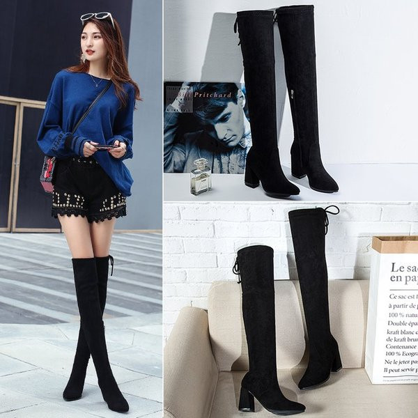 Cizme de dama stilate din piele intoarsa ecologica de culoare neagra