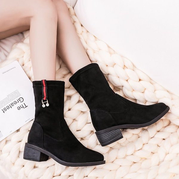 Стилни дамски боти с метална декорация от еко велур в два цвята