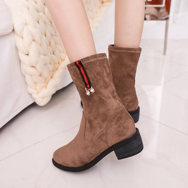 Стилни дамски боти с метална декорация от еко велур в два цвята