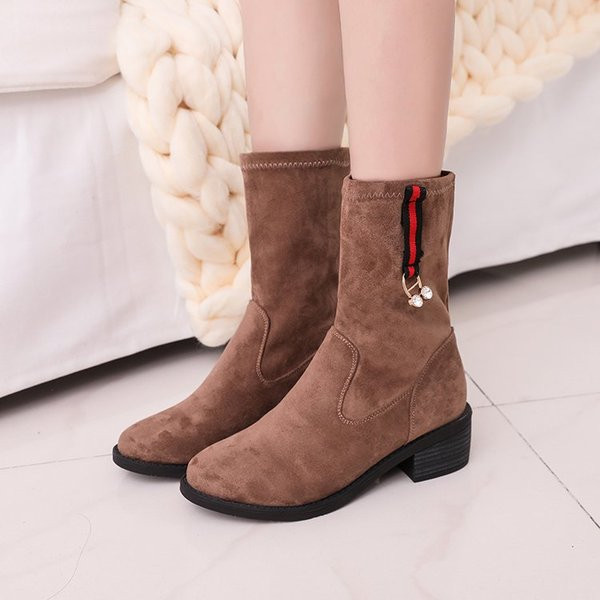 Стилни дамски боти с метална декорация от еко велур в два цвята