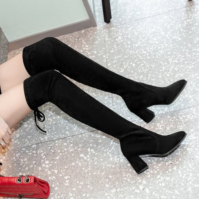 Cizme de dama elegante cu toc din piele intoarsa ecologica de culoare neagra