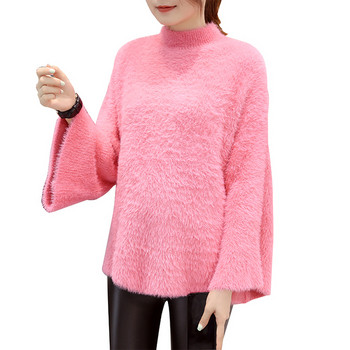 Пухен пуловер за бременни жени с лотос ръкав в бял и розов цвят