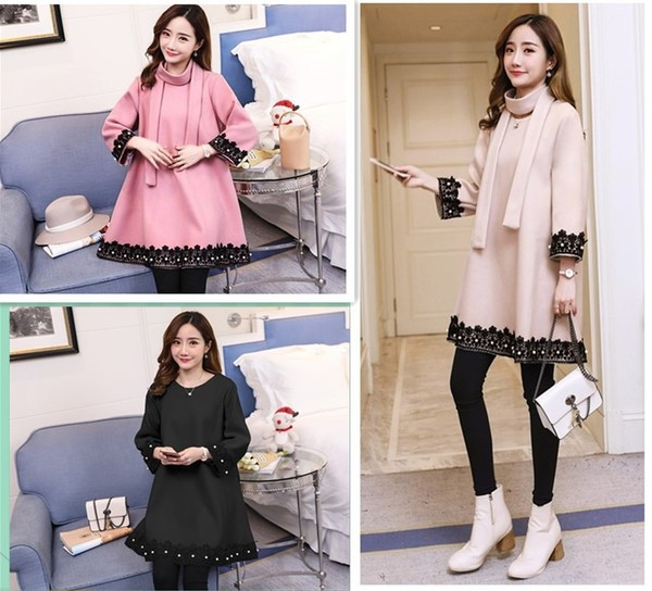 Rochie de iarna pentru gravide in trei culori cu dantela si perle