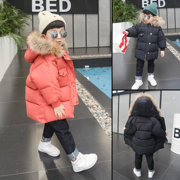 Модерно зимно детско яке за момчета с качулка и пух в два цвята