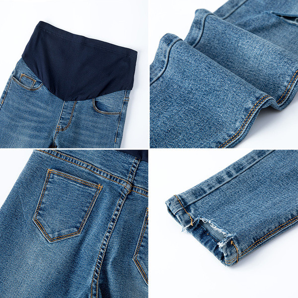 Модерни дънки за бременни жени в син цвят с разкъсани мотиви