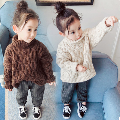 Зимен детски пуловер за момичета  с висока яка в два цвята 