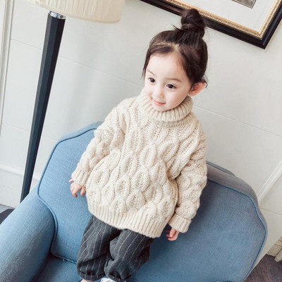 Зимен детски пуловер за момичета с висока яка в два цвята