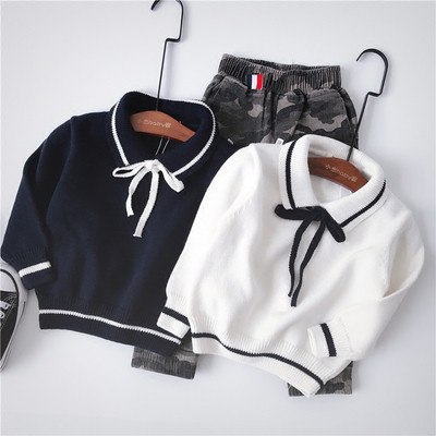 Модерен детски пуловер в два цвята с яка и връзка подходящ за момичета и момчета