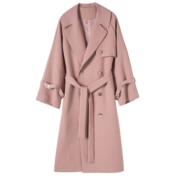 Модерно дамско палто с V-образна яка широк модел в розов цвят 