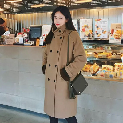 Модерно дамско палто с висока яка и копчета  широк модел