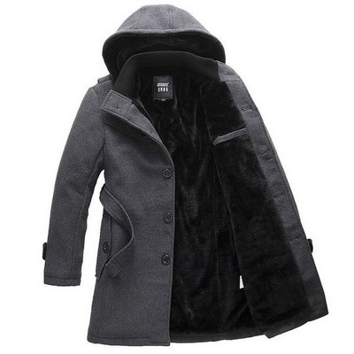 Дълго мъжко палто с мека подплата, качулка и колан в черен и сив цвят