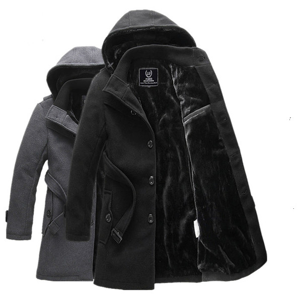 Дълго мъжко палто с мека подплата, качулка и колан в черен и сив цвят