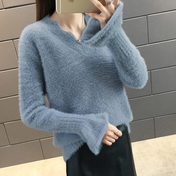 Pulover de damă modern cu decolteu în V cu mâneci lotus