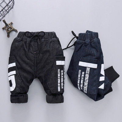 Children`s thick pants for boys with inscription and print