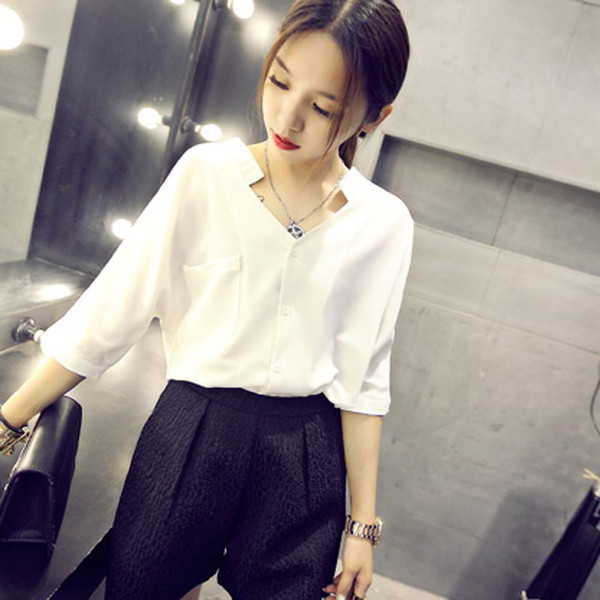 Cămașă elegantă de damă cu decolteu în V în alb și roșu