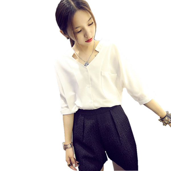 Cămașă elegantă de damă cu decolteu în V în alb și roșu