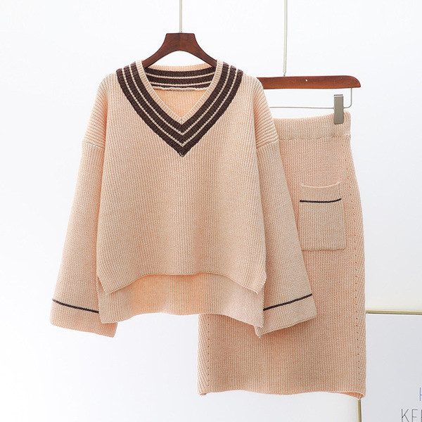 NOU set de tricotat pentru femei elegant - fusta si pulover in doua culori