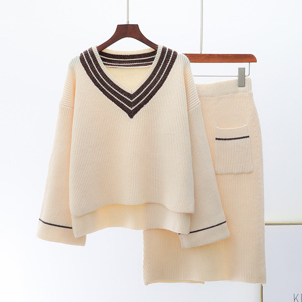 NOU set de tricotat pentru femei elegant - fusta si pulover in doua culori