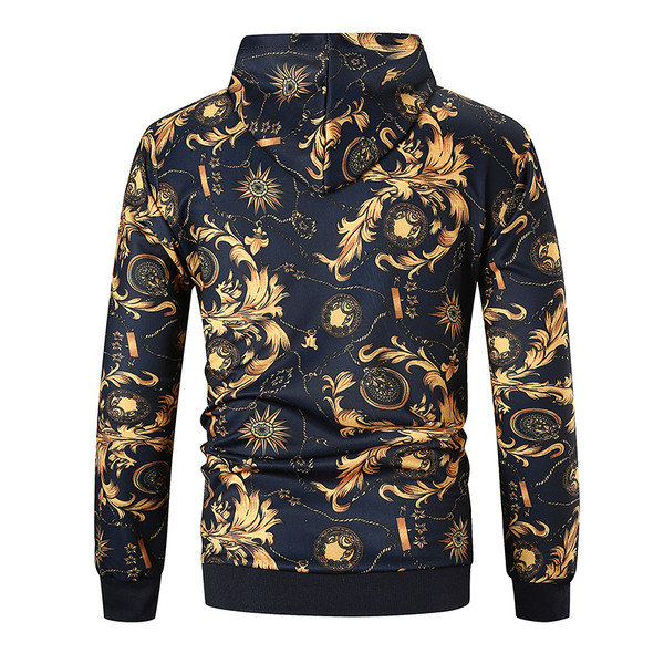 Modern férfi pulóver kapucnival, színes mintával