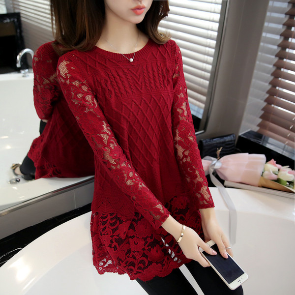 Μακρύ μοντέρνο γυναικείο πουλόβερ  με δαντέλα σε διάφορα χρώματα