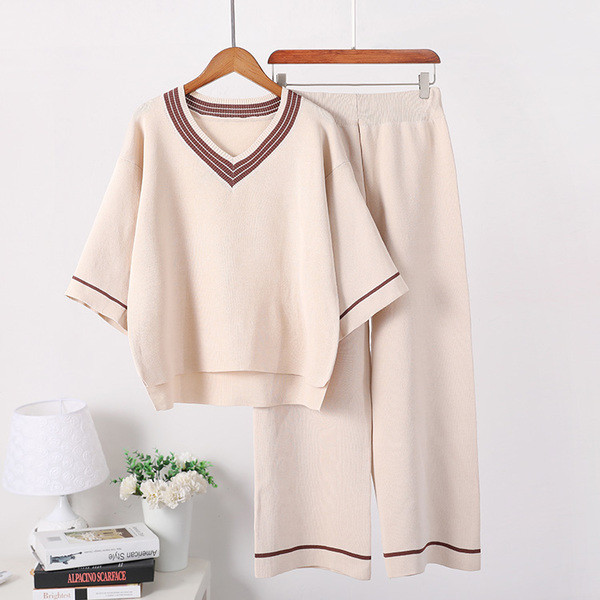 ΝΕΟ γυναικείο πλεκτό σετ  Κομψή μπλούζα με παντελόνι με στυλ V - δύο χρώματα