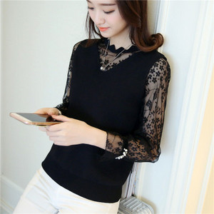 Κομψό γυναικείο πουλόβερ με μανίκια δαντέλα και πέρλες  σε τέσσερα χρώματα