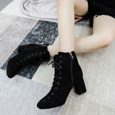 Cizme casual dama cu sireturi si toc gros in doua culori