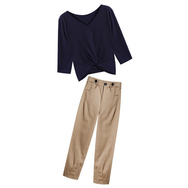 Női szett - blúz V-nyakkal és magas derekú nadrággal