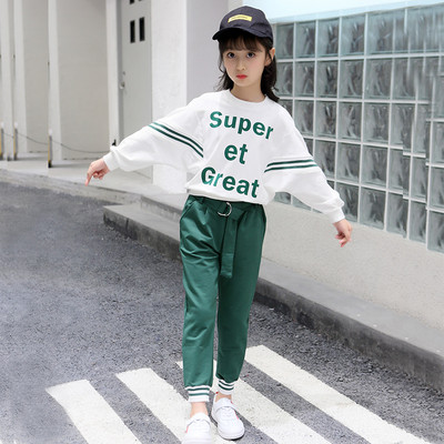 Set zilnic pentru copii pentru fete cu inscripție și curea în negru și verde