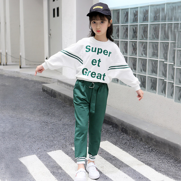 Set zilnic pentru copii pentru fete cu inscripție și curea în negru și verde