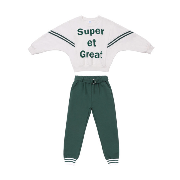 Set zilnic pentru copii pentru fete cu inscripție și curea în negru și verde