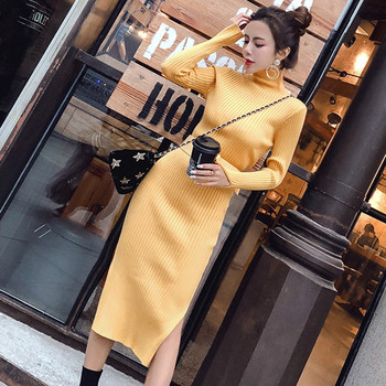 Μοντέρνο γυναικείο φόρεμα για το χειμώνα με ψηλό γιακά και σχισμή σε τρία χρώματα