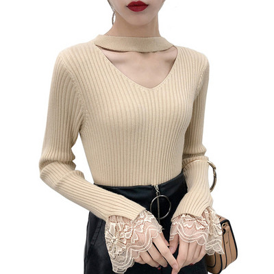 Μοντέρνα γυναικεία  μπλούζα με ντεκολτέ σε σχήμα V και δαντέλα στα μανίκια σε διάφορα χρώματα