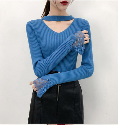 Μοντέρνα γυναικεία  μπλούζα με ντεκολτέ σε σχήμα V και δαντέλα στα μανίκια σε διάφορα χρώματα