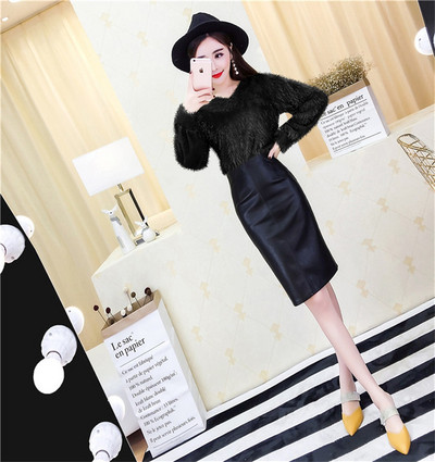 Set dama - bluza si fusta din piele cu talie inalta