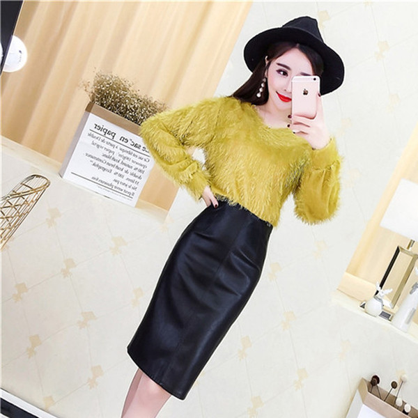 Set dama - bluza si fusta din piele cu talie inalta