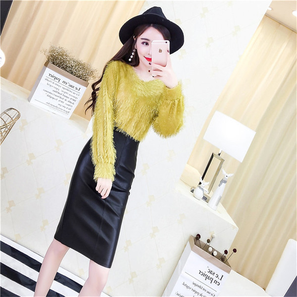 Set dama - bluza si fusta din piele cu talie inalta