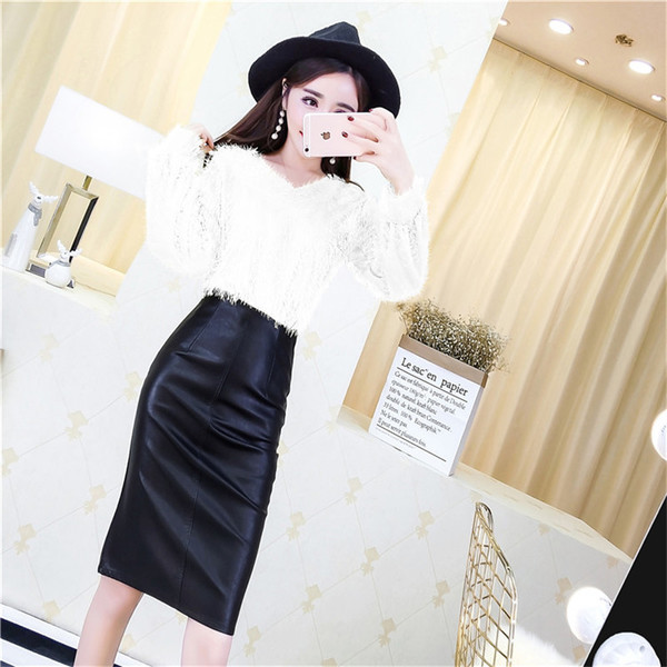 Set dama - bluza si fusta din piele cu talie inalta