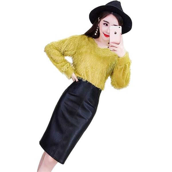 Set dama - bluza si fusta din piele cu talie inalta