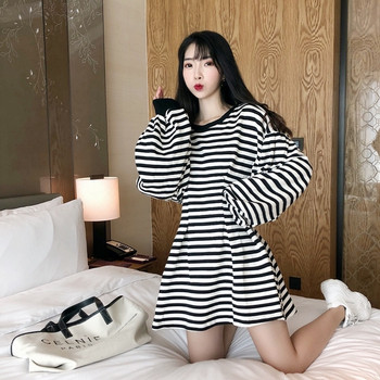 Új modell női csíkos ruha kivágott modell O-nyakkal