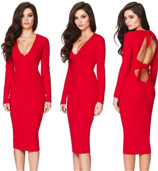 Stílusos női ruha mély V-nyakkal és csupasz háttal, három színben