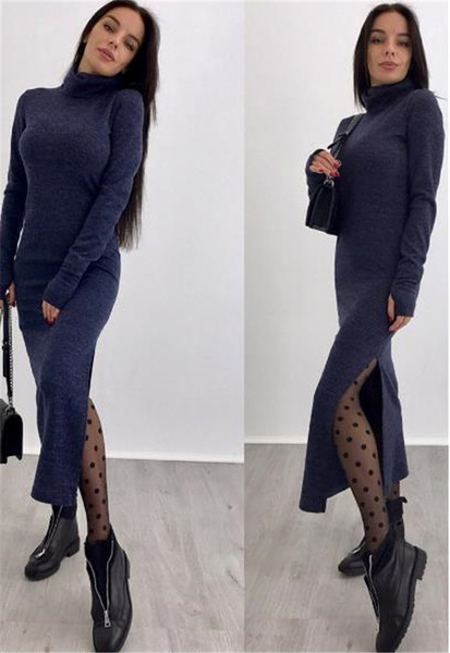 Rochie de iarna de dama moderna cu guler inalt si cu fanta in mai multe culori