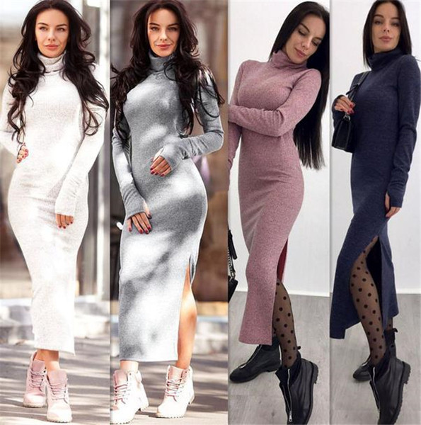 Rochie de iarna de dama moderna cu guler inalt si cu fanta in mai multe culori