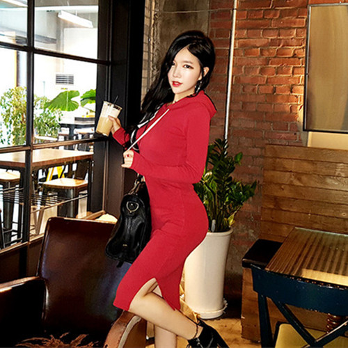 Rochie casual de dama cu gluga si buzunar mare in rosu si gri